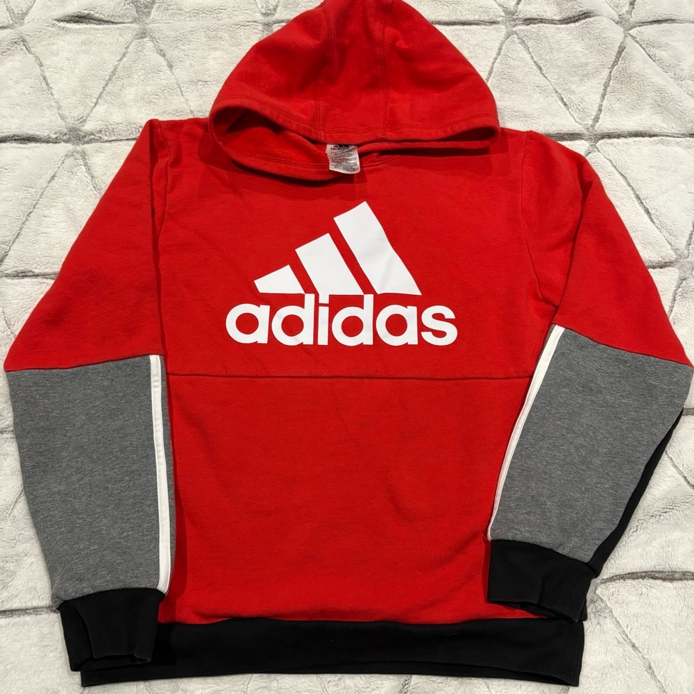 Adidas Hoodie Sweatshirt Youth XL 18/20 Red Black Logo Pullover Fleece Pocket